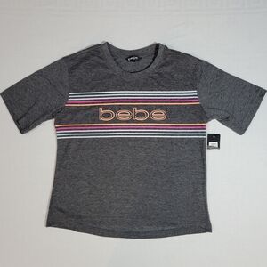 NWT Bebe (Women's Small)  Gray Semi-Cropped Logo Tee with Colorful Stripes